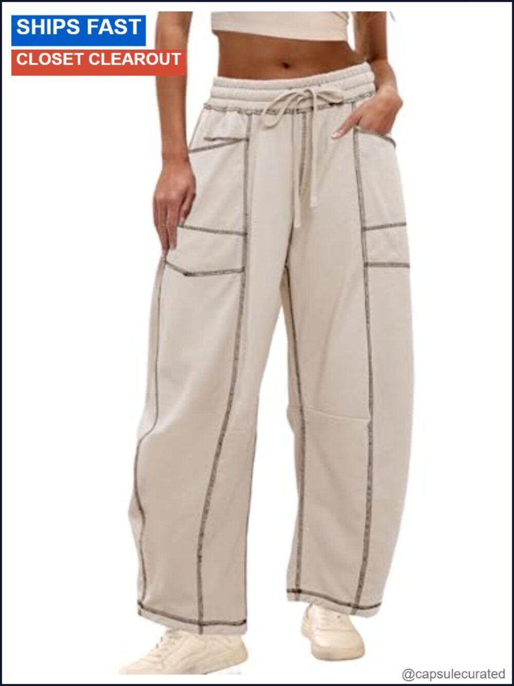 Wide Leg Barrel Sweatpants Drawstring Smocked Waist Raw-Cut Seams Lounge Pants